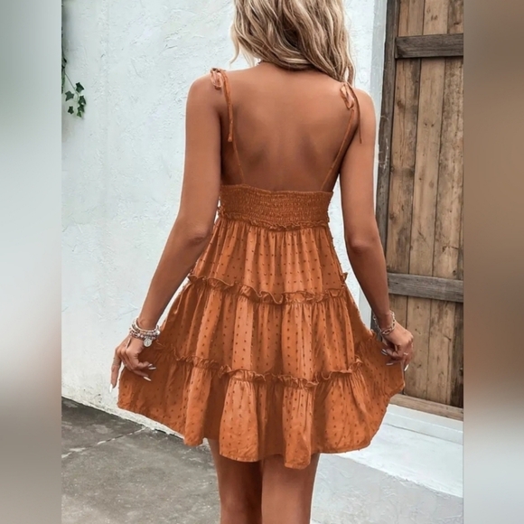 * New Boho Swiss Polka Dot Babydoll Cami Mini Dress Sundress Dusty Burnt Orange - Picture 5 of 10